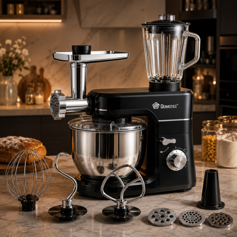 Кухонный комбайн 5в1 Domotec R.6676B, планетарный миксер, мясорубка, блендер, чаша 6,2 л, 6 скоростей, 3 насадки