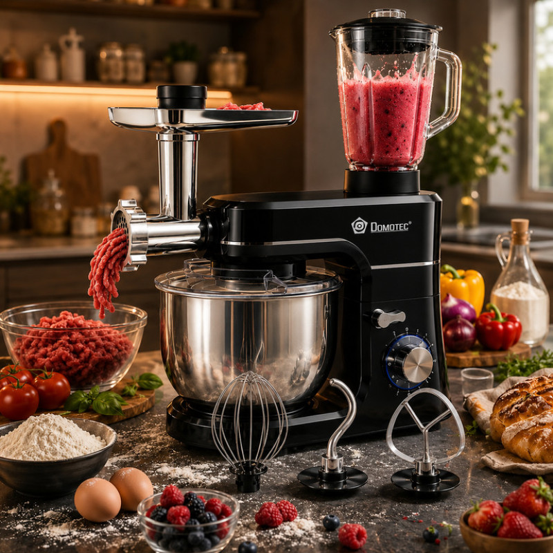 Кухонный комбайн 5в1 Domotec R.6676B, планетарный миксер, мясорубка, блендер, чаша 6,2 л, 6 скоростей, 3 насадки