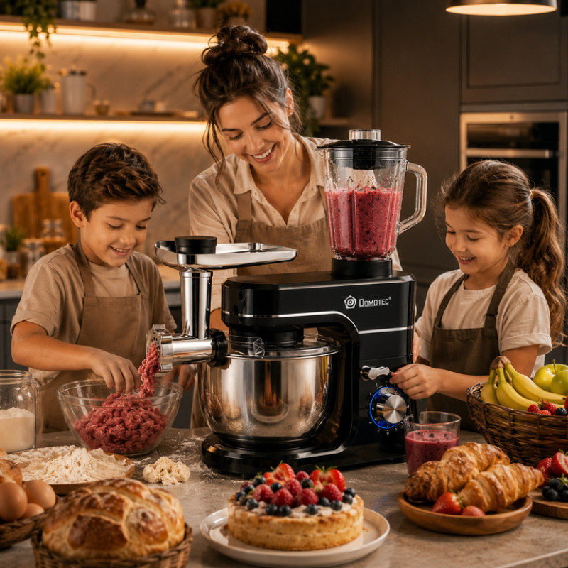 Кухонный комбайн 5в1 Domotec R.6676B, планетарный миксер, мясорубка, блендер, чаша 6,2 л, 6 скоростей, 3 насадки