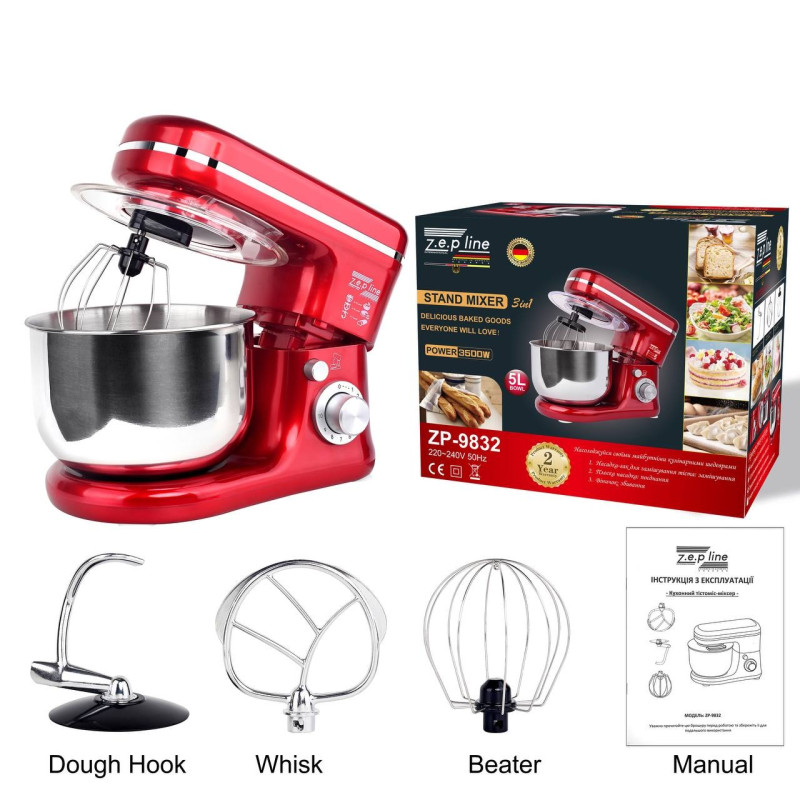 Тістоміс міксер Zepline ZP-9832 3в1, 3500 Вт, чаша 5 л, мідний двигун, 10 швидкостей, червоний корпус