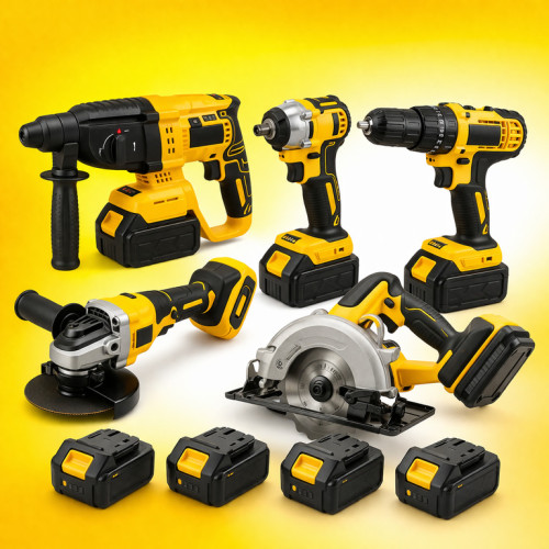 Набір інструментів 5в1: перфоратор, гайковерт, шурупокрут, болгарка, циркулярна пилка (4 АКБ)