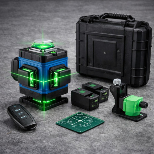 Лазерный уровень 4D 16-линейный зеленый, 360°, 24V 5Ah, самовыравнивающийся в кейсе