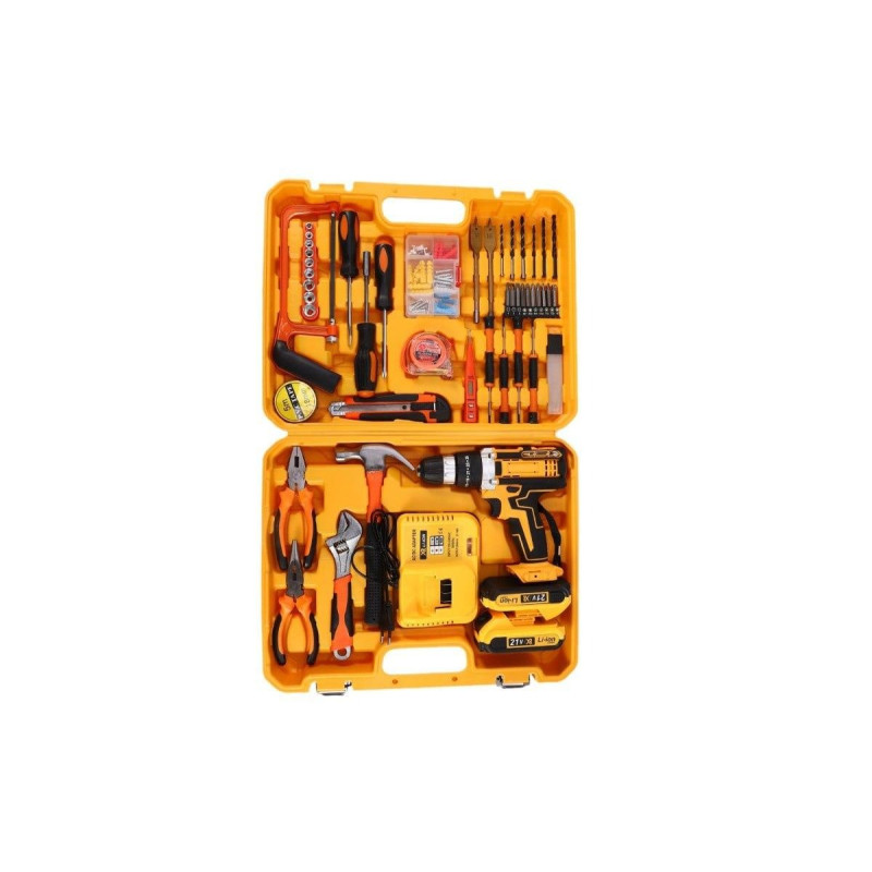 Дрель-шуруповерт AT-CD2106-121 с набором инструментов, 2 АКБ 24V, жёлтый кейс