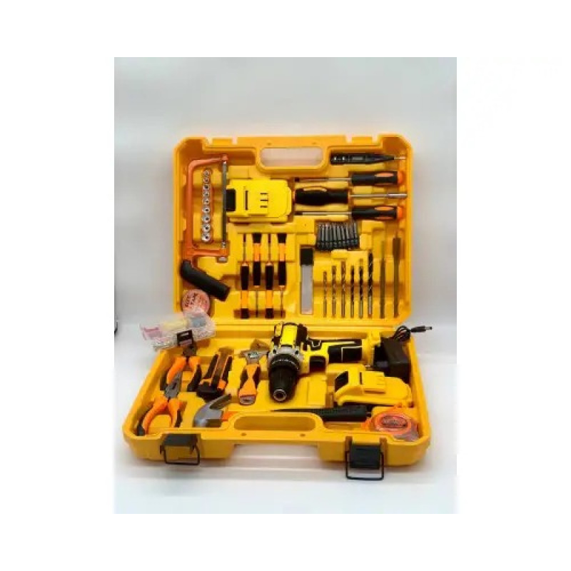 Дрель-шуруповерт AT-CD2106-121 с набором инструментов, 2 АКБ 24V, жёлтый кейс