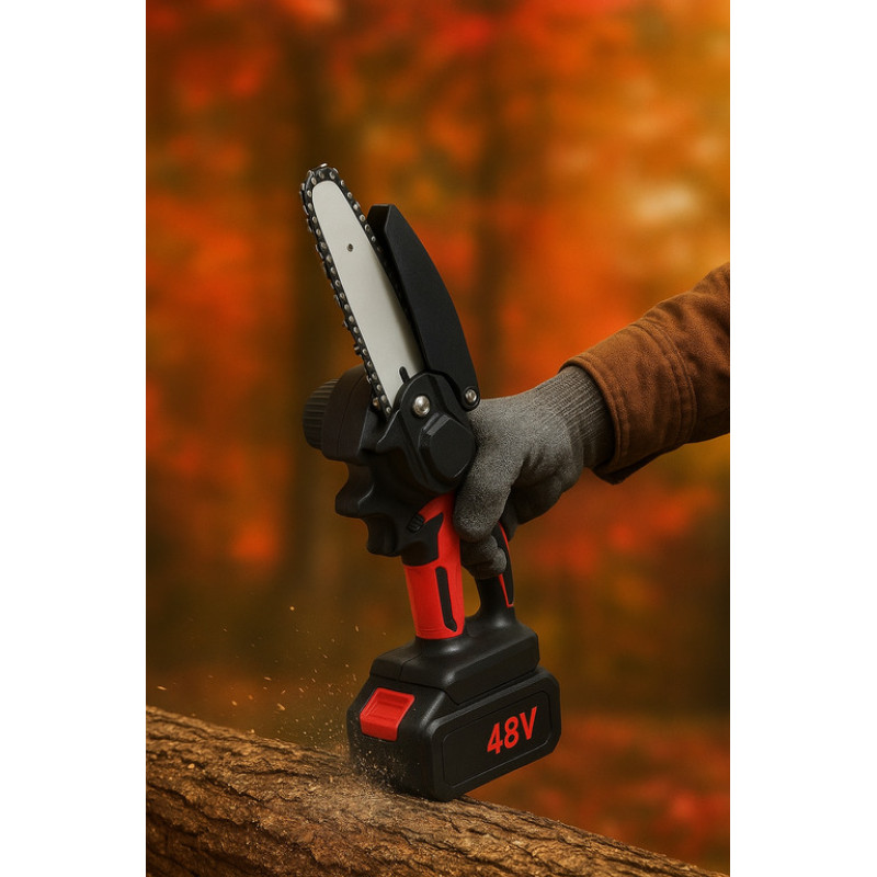 Бесщеточная аккумуляторная цепная мини-пила 6 inch Electric SAW в кейсе, 2 аккумулятора, красная