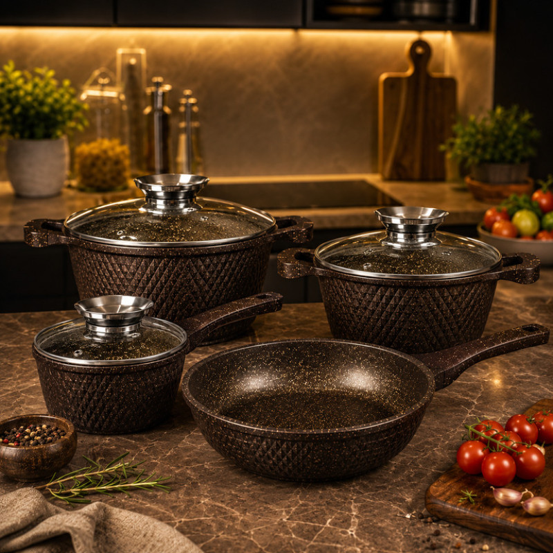 Набор кастрюль и сковорода Higher Kitchen HK-315, 7 предметов, гранитное антипригарное покрытие, литой алюминий