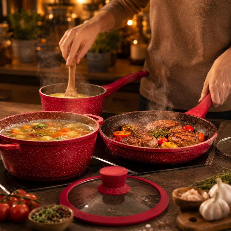 Набір каструль Higher Kitchen НК-316 з гранітним антипригарним покриттям, 12 предметів, червоний
