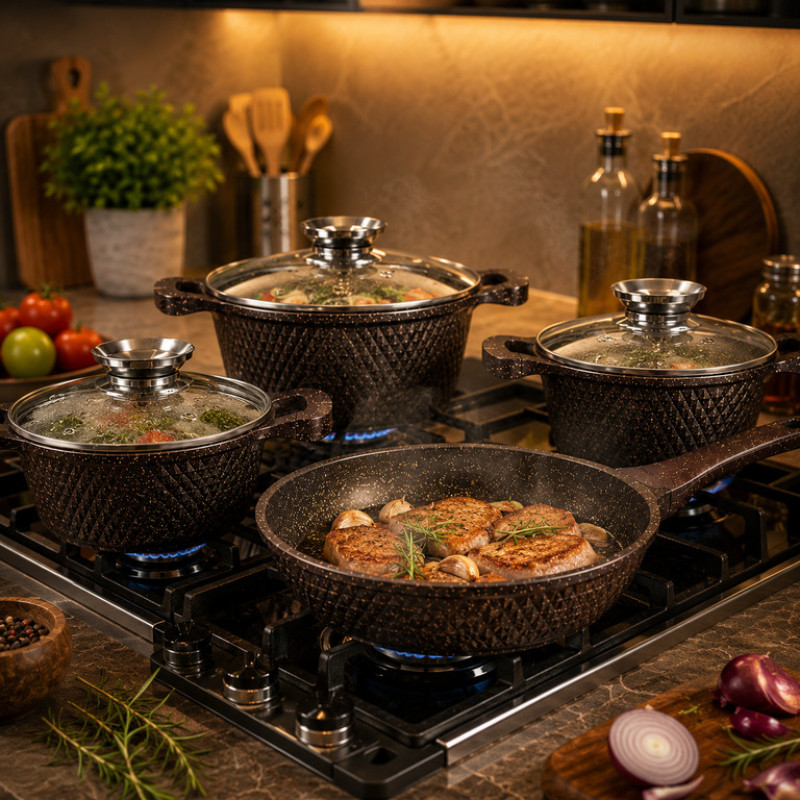 Набор кастрюль и сковорода Higher Kitchen HK-315, 7 предметов, гранитное антипригарное покрытие, литой алюминий