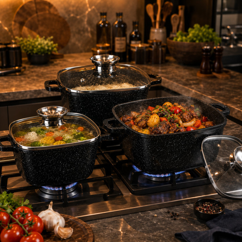 Набор квадратных казанов Higher Kitchen HK 322 на 6 предметов Красный Черный