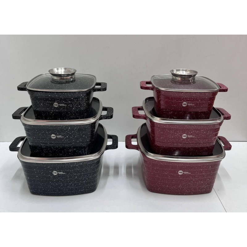 Набір квадратних казанів Higher Kitchen HK 322 на 6 предметів Червоний Чорний
