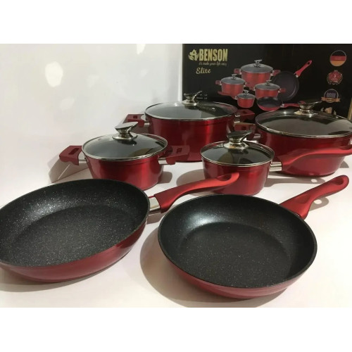 Набор кастрюль и сковород Benson BN-335, 10 предметов, мраморное покрытие, для индукции, красный