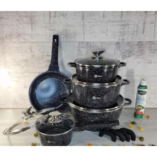 Набір каструль і сковорода Higher Kitchen HK-305, посуд із гранітним антипригарним покриттям, чорний