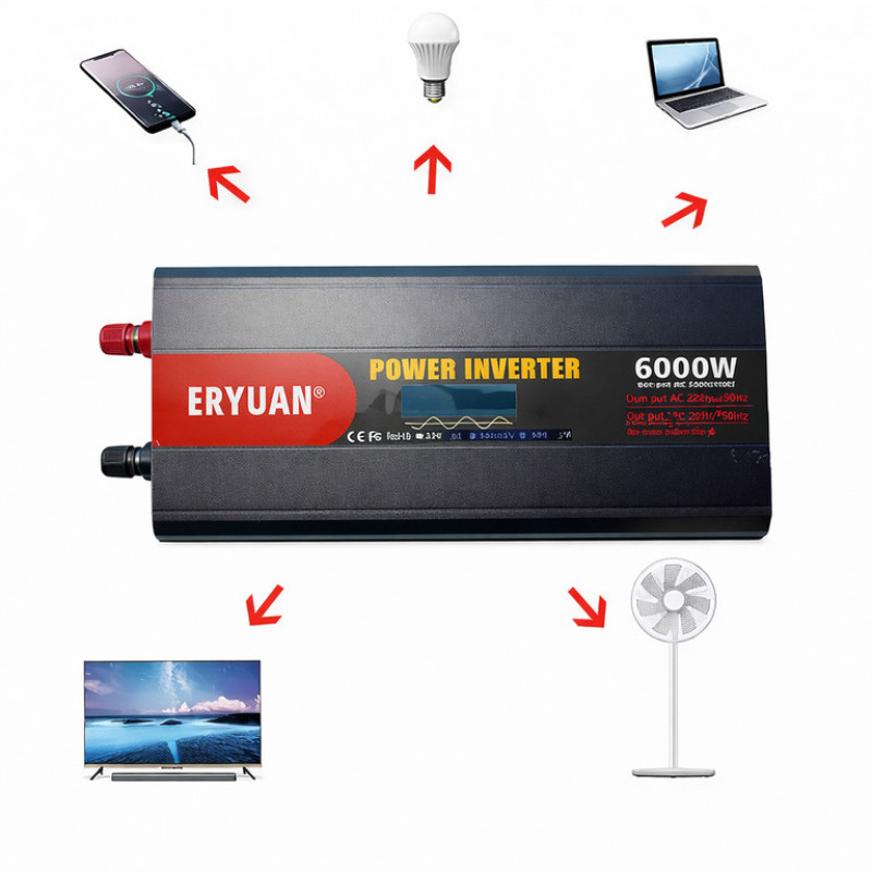 Перетворювач напруги ERYUAN 12–220 В MX-6000 Вт, чиста синусоїда, LCD-дисплей, інвертор від акумулятора
