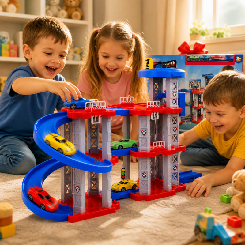 Игрушечный трек-парковка Childrens Rail Car MH2004 Щенячий патруль, 75 деталей, 3 машинки