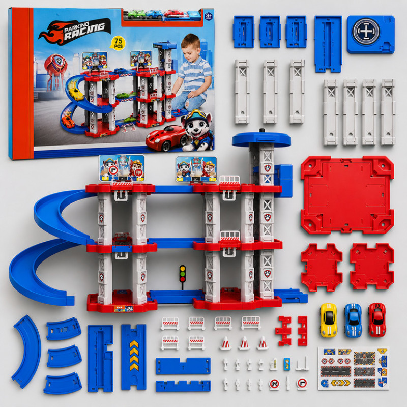 Игрушечный трек-парковка Childrens Rail Car MH2004 Щенячий патруль, 75 деталей, 3 машинки