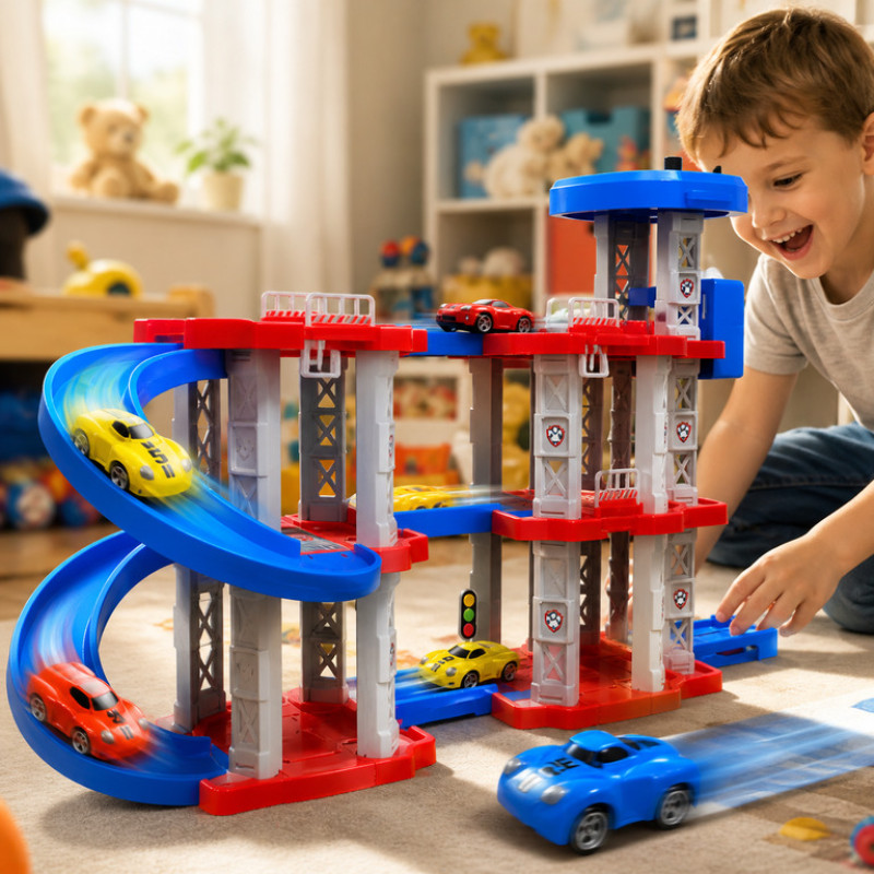 Игрушечный трек-парковка Childrens Rail Car MH2004 Щенячий патруль, 75 деталей, 3 машинки