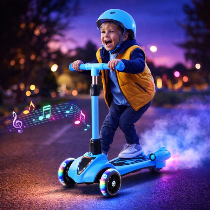 Дитячий турбо-самокат GLANBER з димом і музикою, блакитний