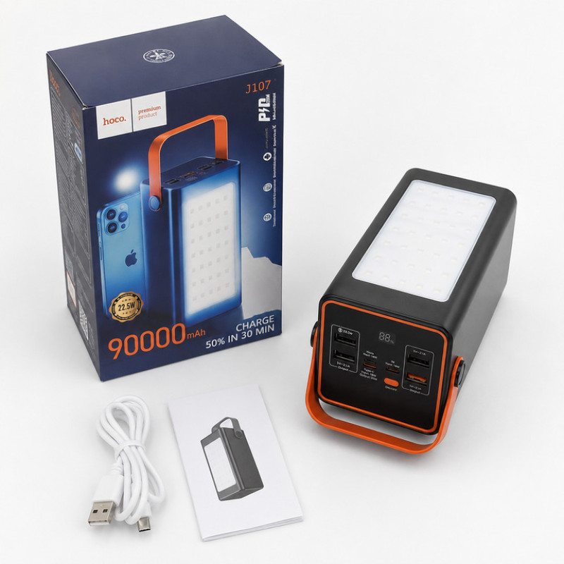 Повербанк з ліхтарем 90000 мАг 22.5W Hoco J107 Super 333Wh, PD20W, 4xUSB, Type-C, MicroUSB