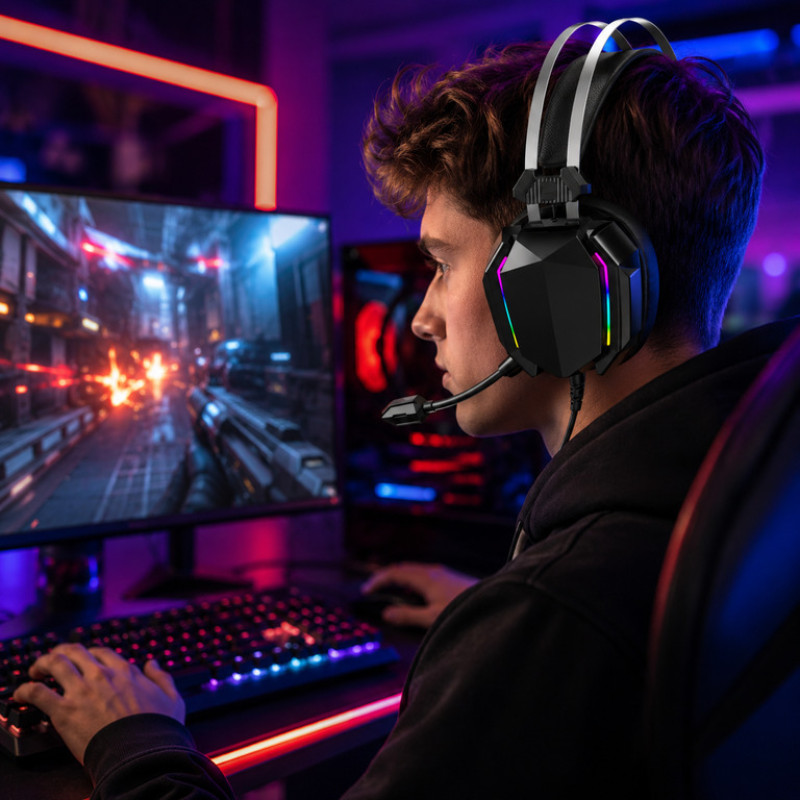 Игровые наушники XO GE-07 с микрофоном и LED RGB подсветкой, черные (проводные)