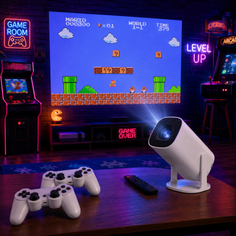 Портативный игровой проектор P30 MAX с 2 джойстиками, пультом, Wi-Fi – домашний смарт-проектор/белый.