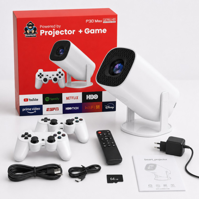 Портативный игровой проектор P30 MAX с 2 джойстиками, пультом, Wi-Fi – домашний смарт-проектор/белый.
