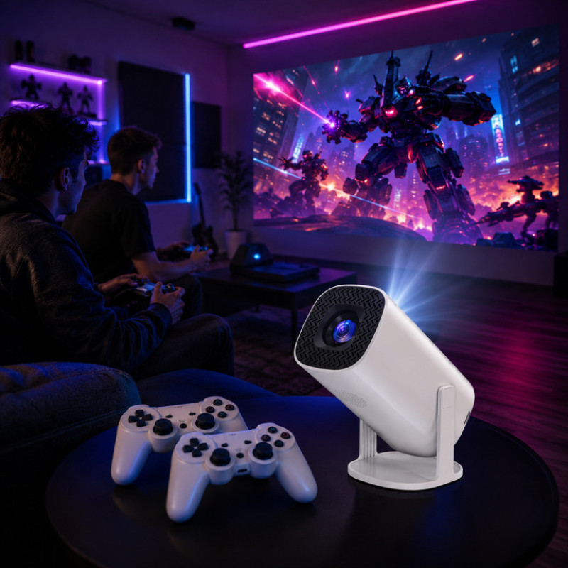 Портативный игровой проектор P30 MAX с 2 джойстиками, пультом, Wi-Fi – домашний смарт-проектор/белый.