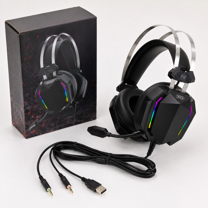 Игровые наушники XO GE-07 с микрофоном и LED RGB подсветкой, черные (проводные)