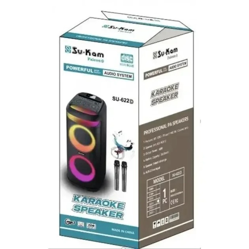 Портативна акустична система Su-Kam BT 622D з двома мікрофонами — Bluetooth 5.1, RGB підсвічування, 2×20 Вт