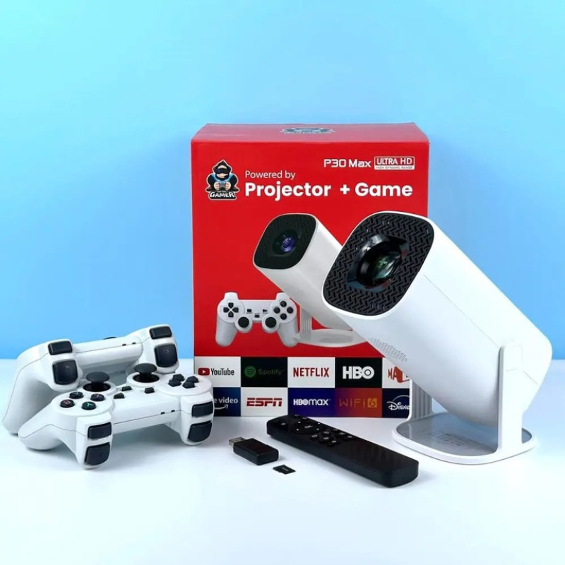 Портативний ігровий проектор P30 MAX з 2 джойстиками, пультом, Wi-Fi – домашній смарт-проектор / білий