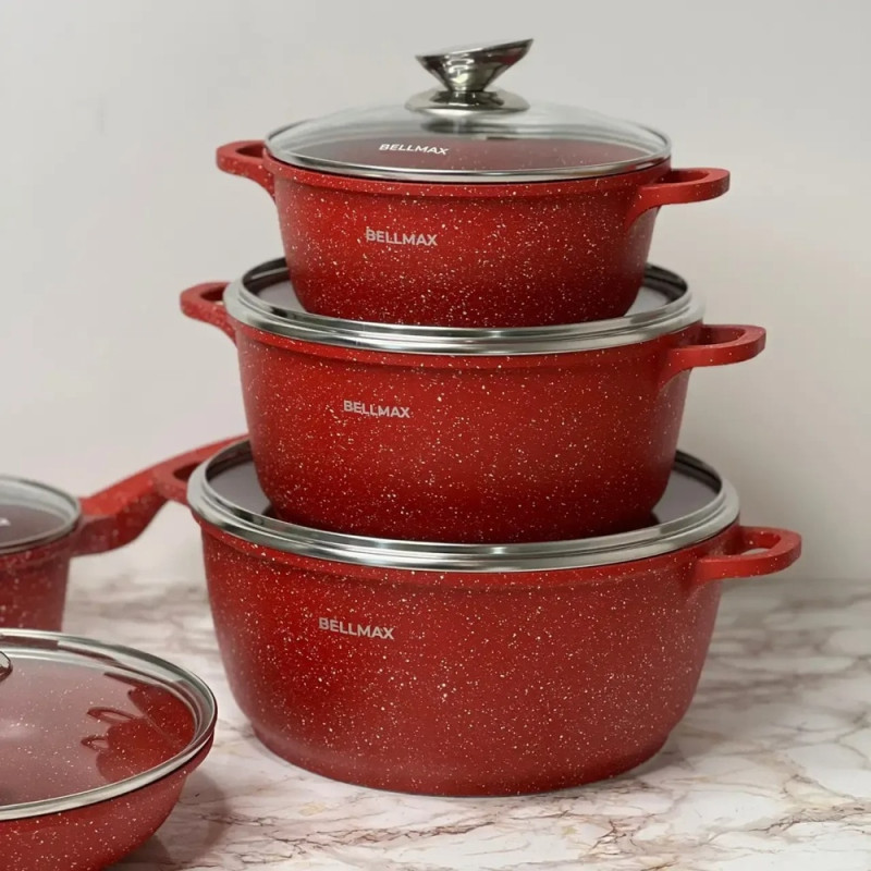 Набор посуды BellMax BM-305 из 12 предметов — гранитное антипригарное покрытие, литой алюминий, красный