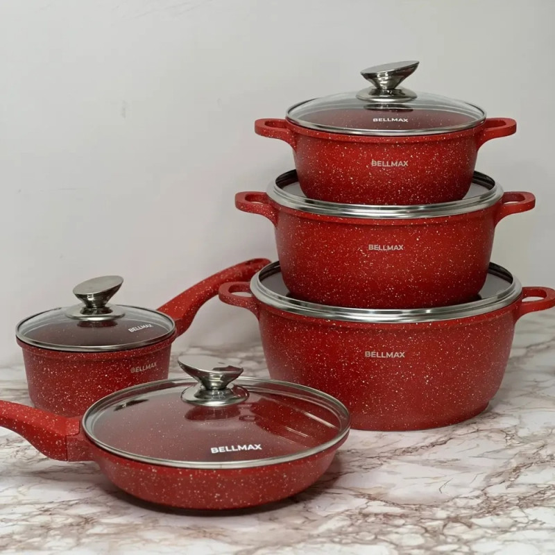 Набор посуды BellMax BM-305 из 12 предметов — гранитное антипригарное покрытие, литой алюминий, красный