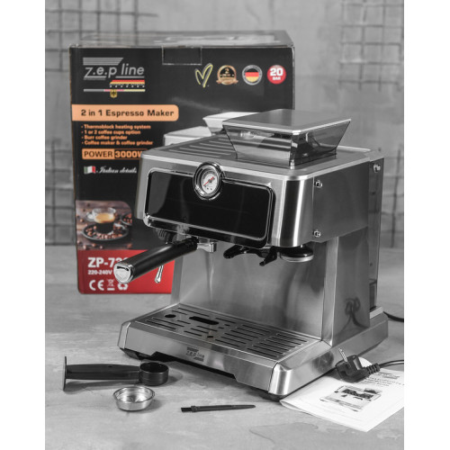 Кофеварка и кофемолка эспрессо 2-в-1 Zepline ZP-7305A, 3000 Вт, 20 бар, термоблок, Burr, сенсорная панель IMD