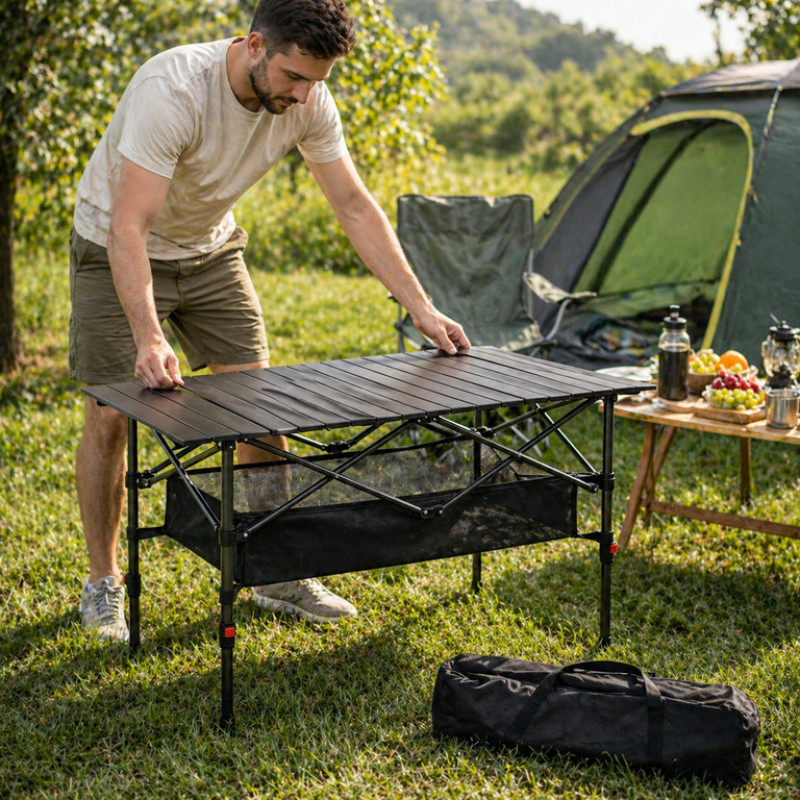 Складаний туристичний стіл Lesko S5421 120×55 см з кишенями та регулюванням висоти