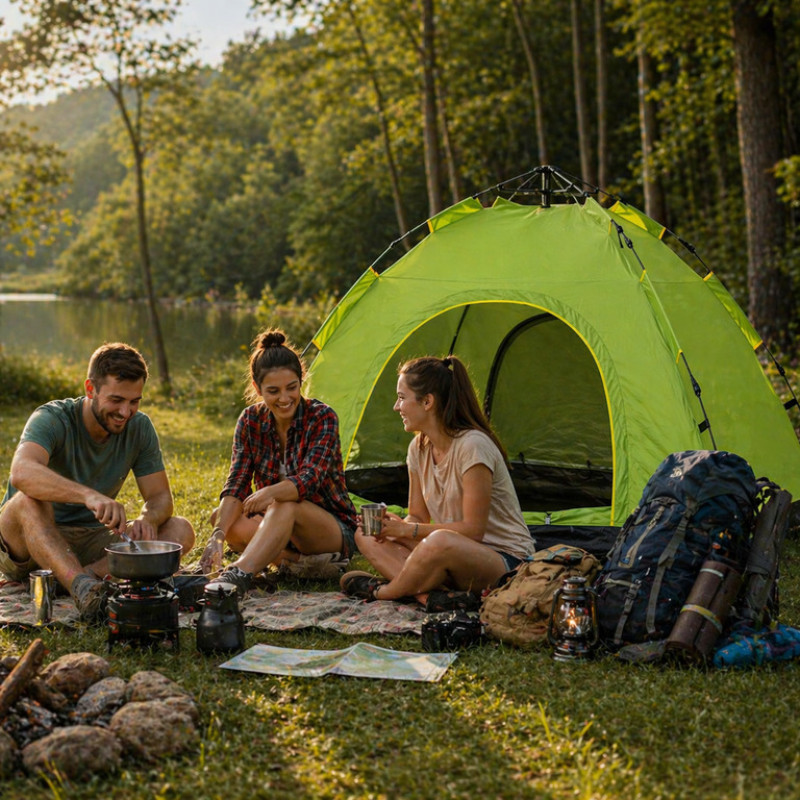Палатка автоматическая 4-местная 2×2 м туристическая зелёная