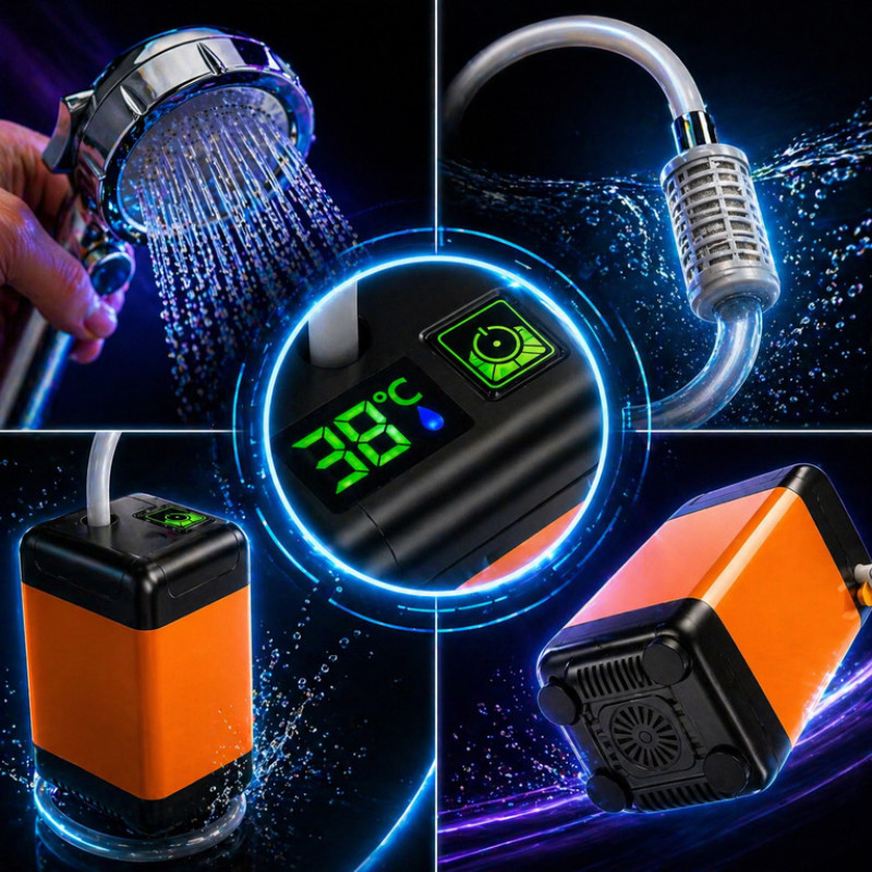 Портативний душ 3.7 В з дисплеєм температури, фільтром і регулюванням напору