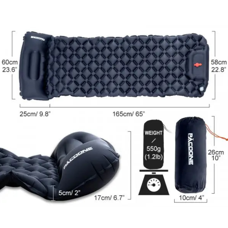 Туристичний надувний матрац Outdoor Sleeping із подушкою та вбудованим насосом Black