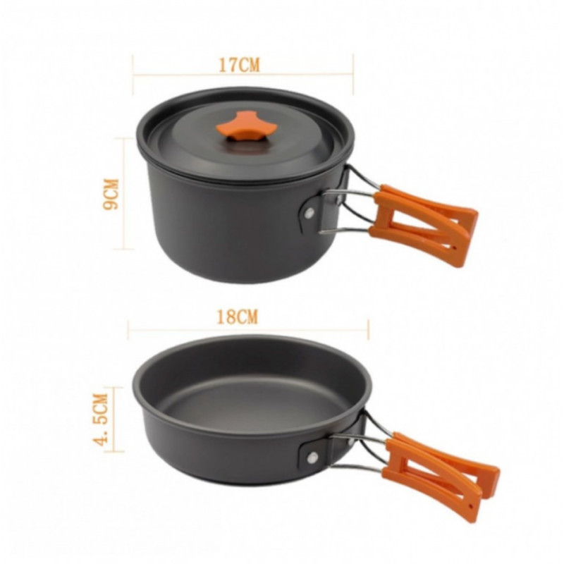 Набір туристичного металевого посуду Camping Cooking DM 308 з карабіном (чорний з помаранчевим)