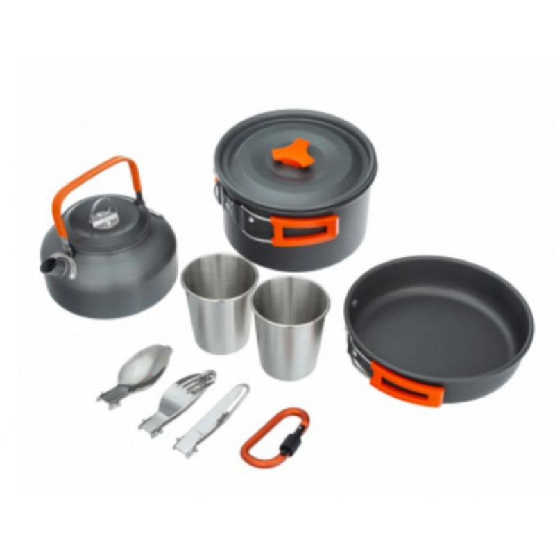 Набір туристичного металевого посуду Camping Cooking DM 308 з карабіном (чорний з помаранчевим)