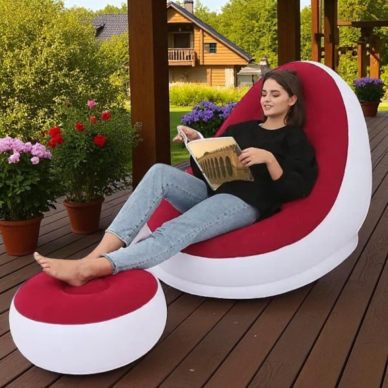 Надувне крісло-ліжко 2 в 1 з пуфом для ніг A-Sofa до 150 кг, біле з червоним