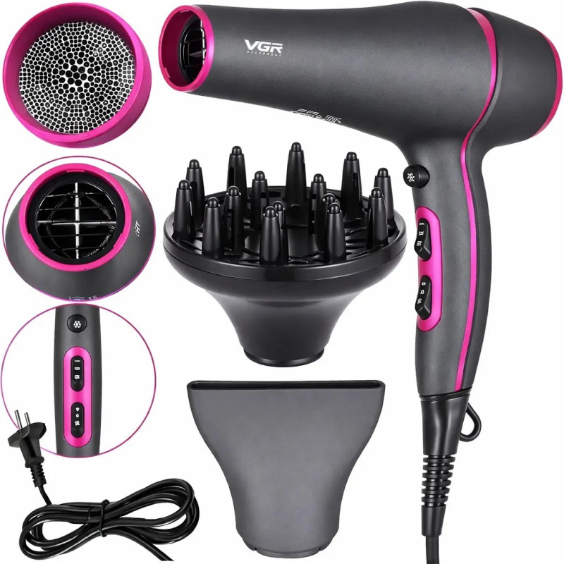 Профессиональный фен для волос с насадками и диффузором VGR V-402, 2200 Вт