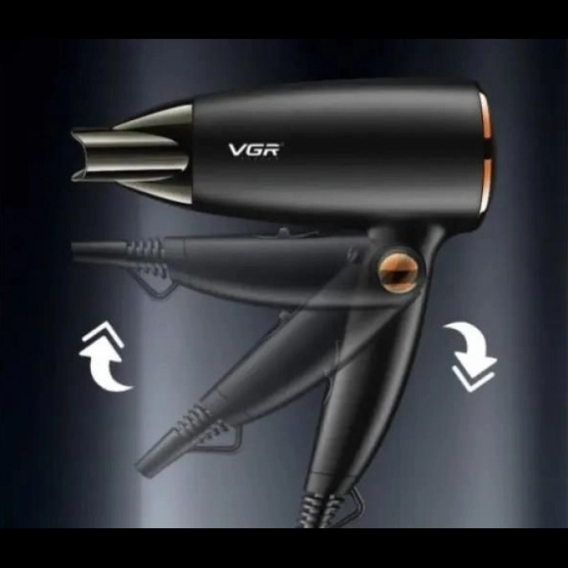 Фен для волос VGR V-439 складной, дорожный, портативный, 1600 Вт, чёрный