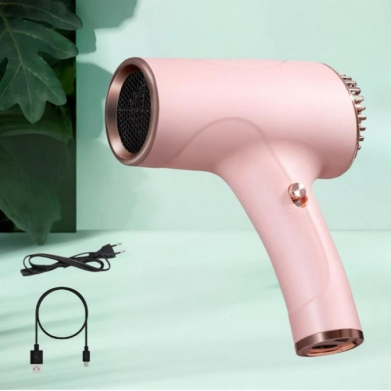 Фен для сушки волос WNK-2027 портативный, с аккумулятором и USB зарядкой, розовый