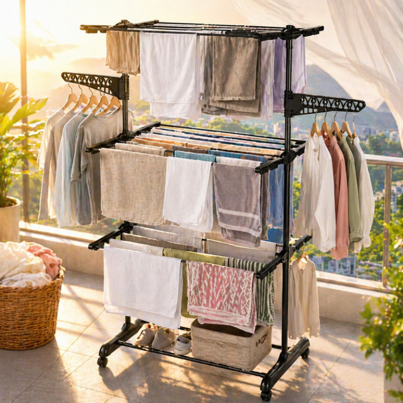 Напольная сушилка для белья 3-х уровневая на колёсах складная металлическая