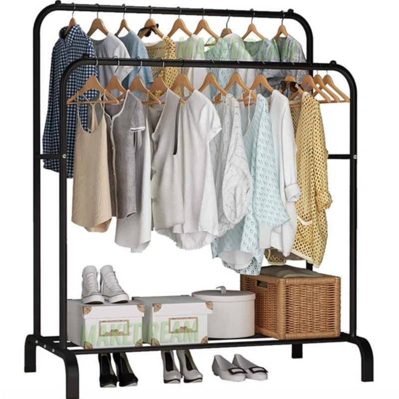 Двойная вешалка для одежды Loft Rack, 145×110×55 см, металлическая, с полкой для обуви, чёрная