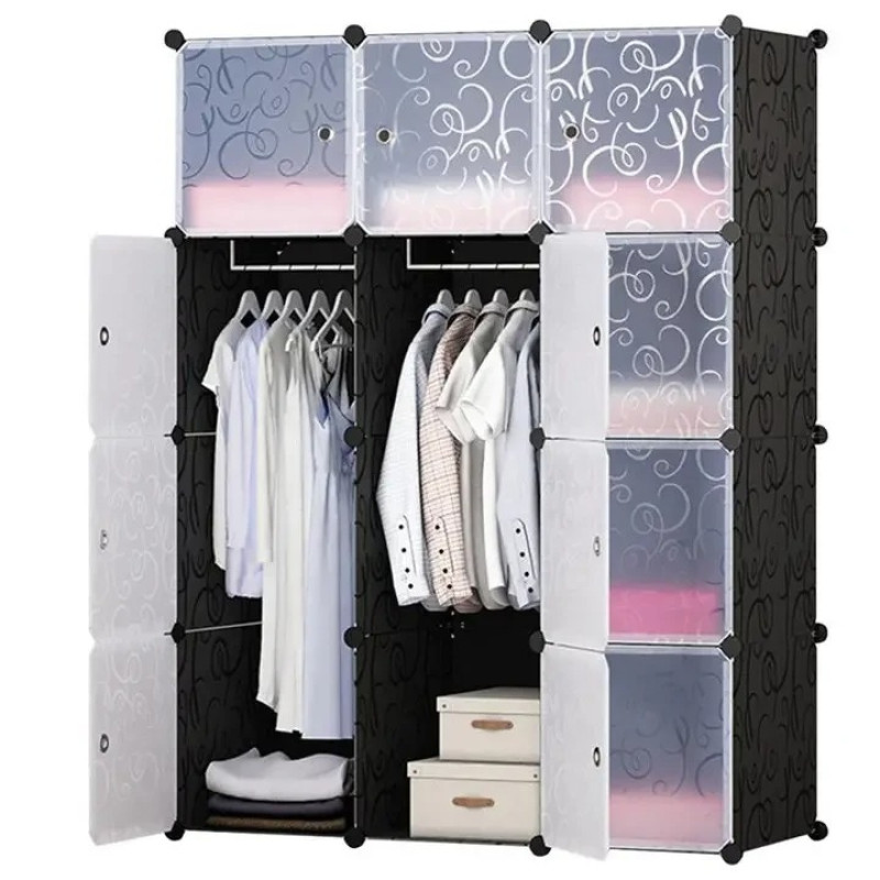 Складной пластиковый шкаф Storage Cube Cabinet МР 312-62, 110×37×146 см, 3 секции, чёрный, с дверцами
