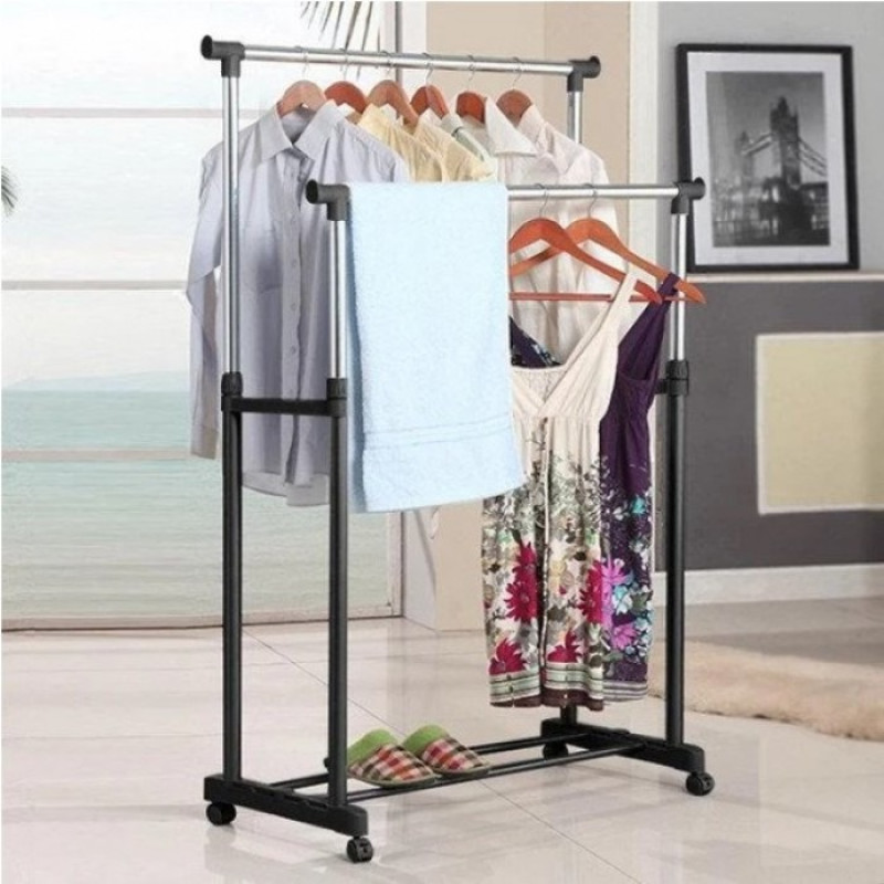 Телескопічна стійка-вішалка Double Pole Clothes Horse Mini, 60×40×130 см, з полицею для взуття та колесами