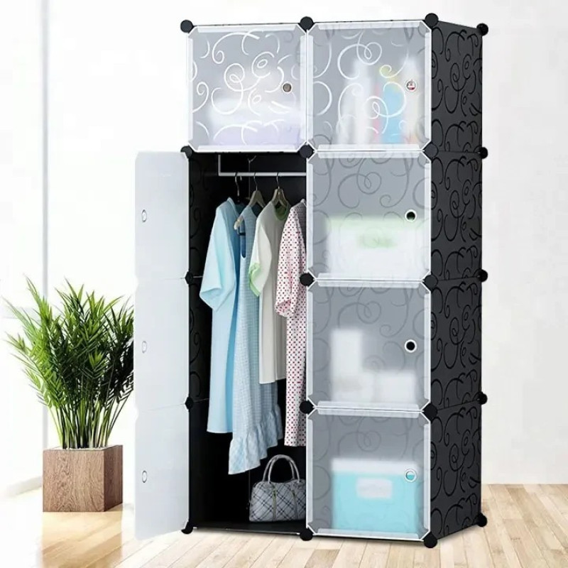 Складной пластиковый шкаф Storage Cube Cabinet MP-26-31, 74×37×110 см, 7 секций, чёрный с дверцами